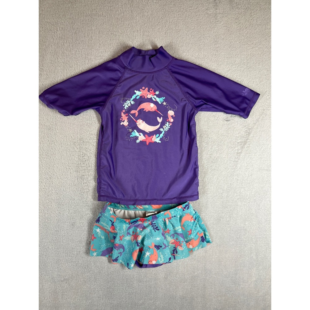 UV Skinz Kids Purple Narwhal Rash Guard and Skirted Swimsuit Set UPF 50+ Size 7